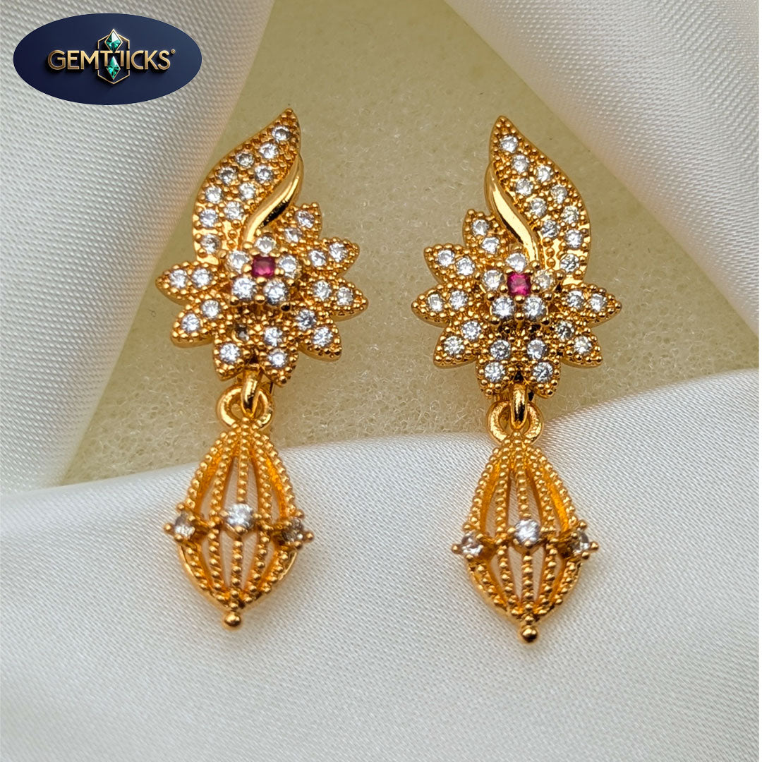 Elegant Gold Floral Drop Earrings – Stone Studded Design
