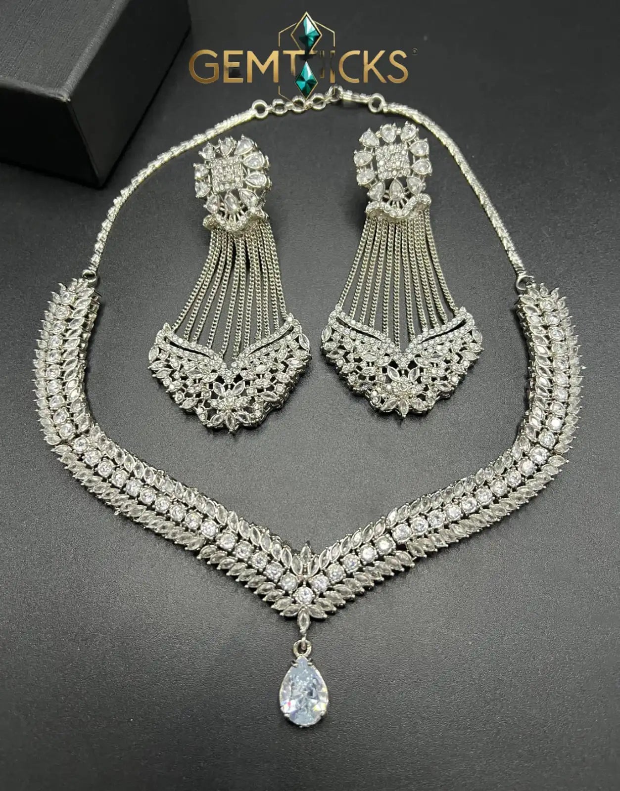 American Diamond Necklace Set – Premium AD Real Stone Jewellery with Matching Earrings (High-Polish Silver Finish)