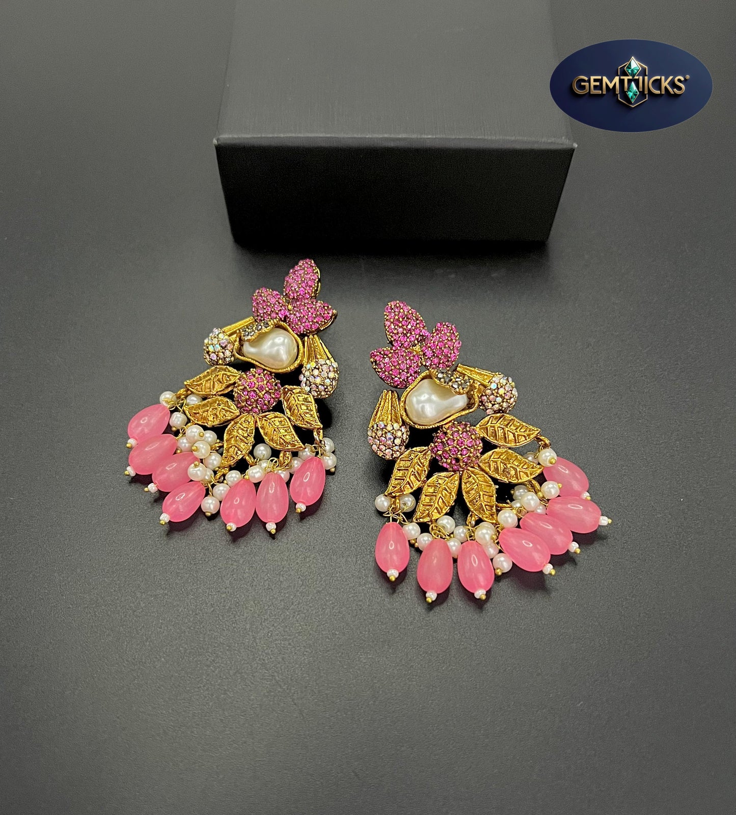 Turquoise Gold-Plated Leaf Earrings with Mother of Pearl stone & Crystal Beads