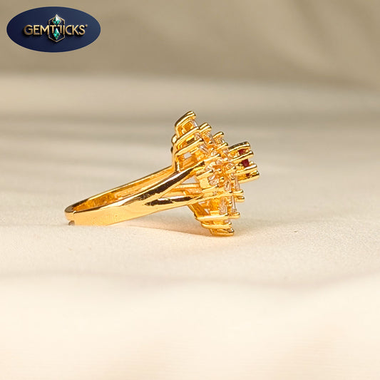 Flower Style Red Zircon Ring – Golden Finish