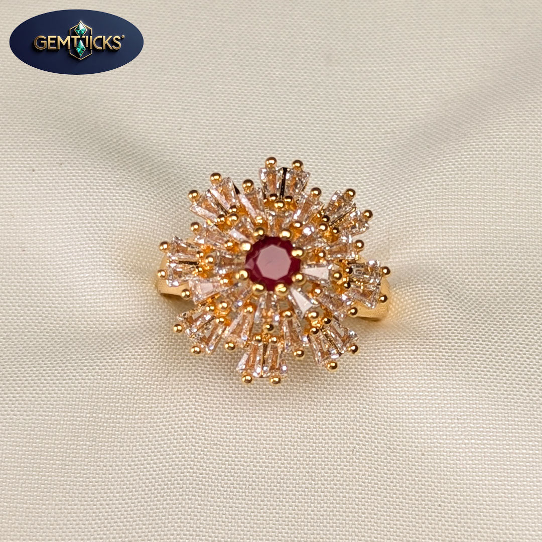 Flower Style Red Zircon Ring – Golden Finish