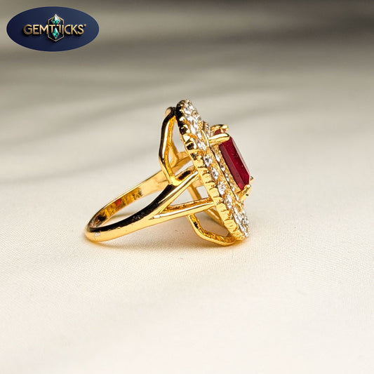 Bold Red Square Stone Ring – Double Zircon Border