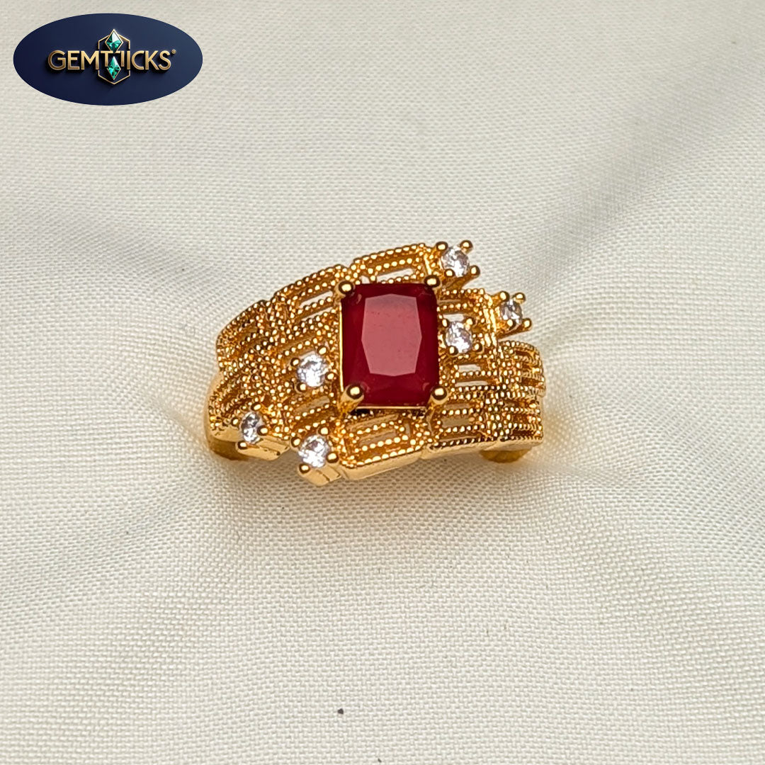 Red Stone Textured Band Ring – Golden Finish (non adjustable)