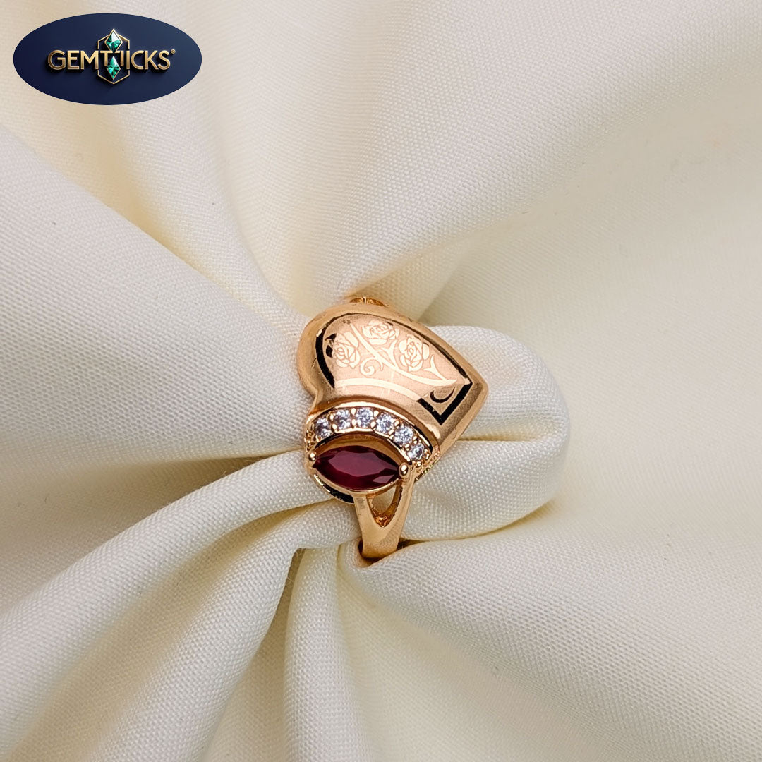 Heart Shape Red Stone Ring – Floral Engraved Design