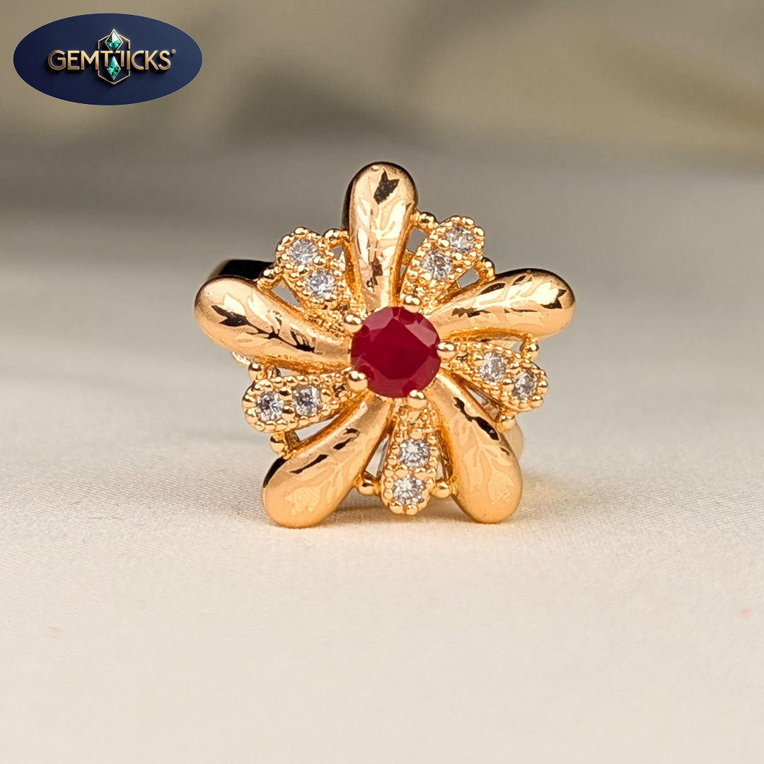 Red Stone Round Ring – Golden Adjustable Ladies Ring