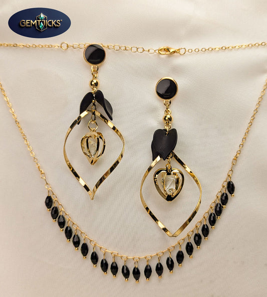 Black & Gold Heart Set for Women | Stylish Earrings & Bracelet