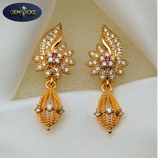 Elegant Gold Floral Drop Earrings – Stone Studded Design