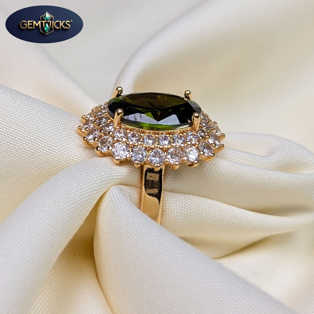Gold-plated green stone statement ring with double zircon halo – traditional Pakistani bridal and party wear jewelry by GemTicks


