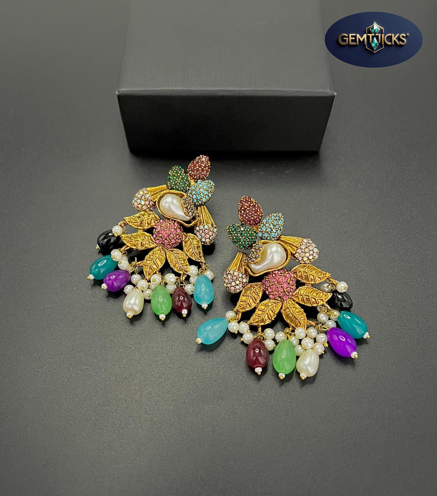 Turquoise Gold-Plated Leaf Earrings with Mother of Pearl stone & Crystal Beads