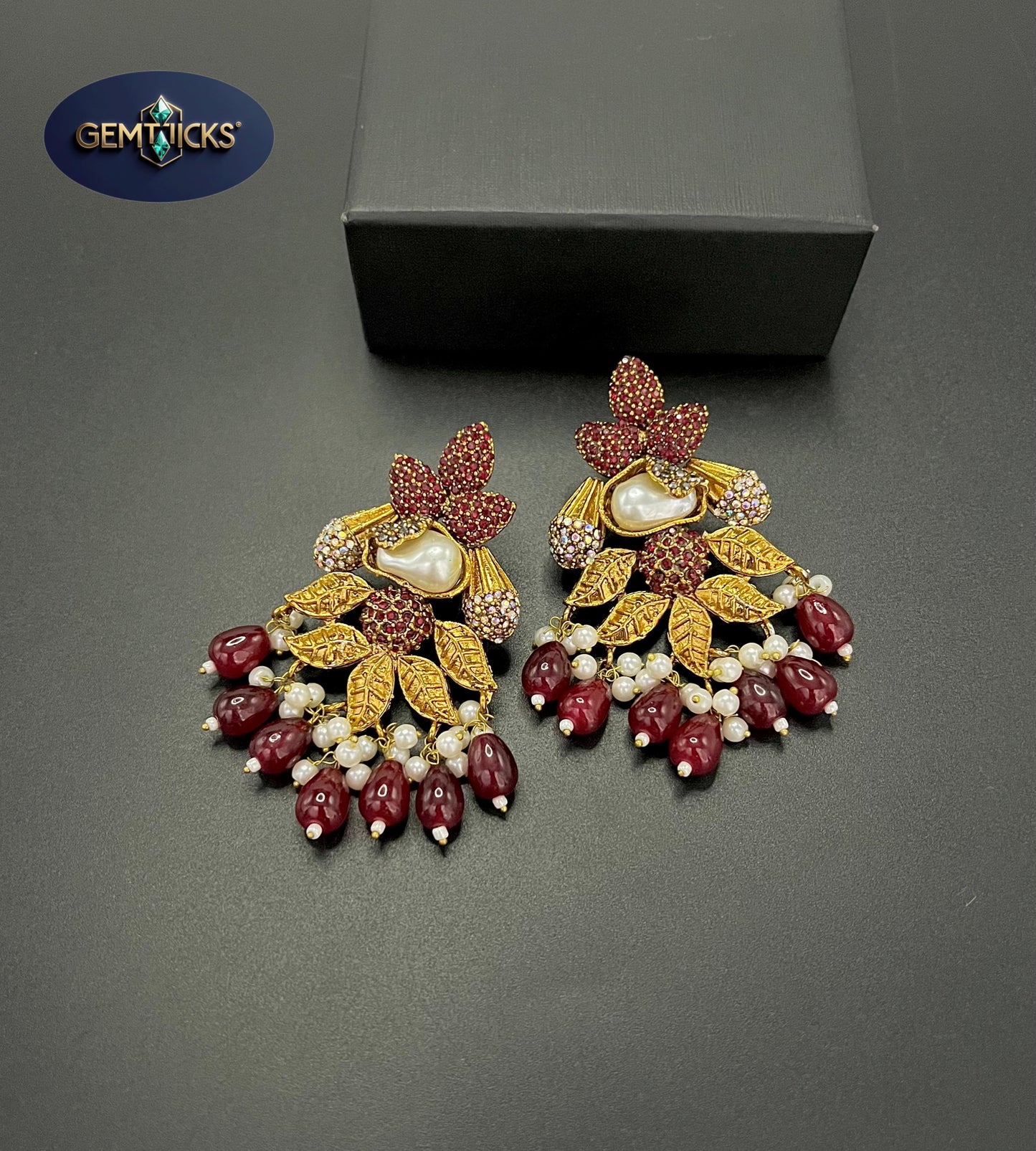 Turquoise Gold-Plated Leaf Earrings with Mother of Pearl stone & Crystal Beads