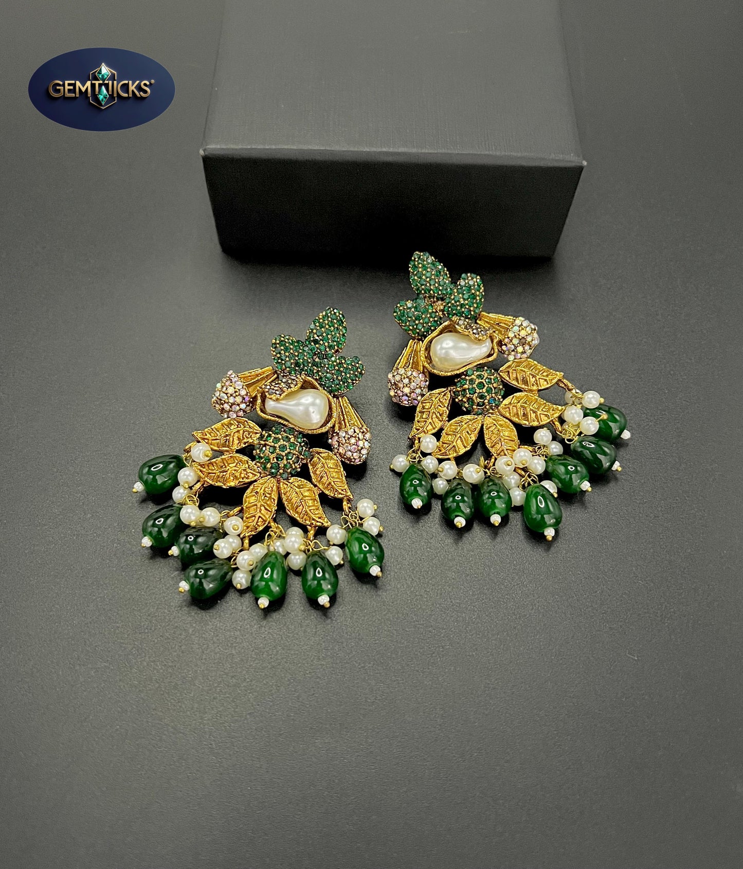 Turquoise Gold-Plated Leaf Earrings with Mother of Pearl stone & Crystal Beads