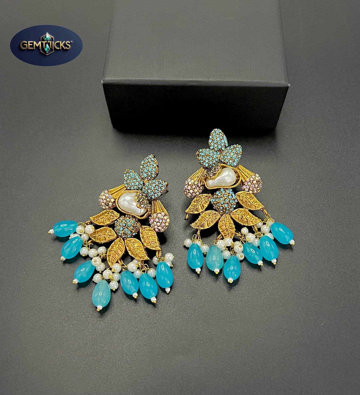 Turquoise Gold-Plated Leaf Earrings with Mother of Pearl stone & Crystal Beads