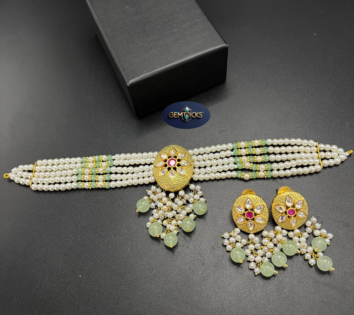 GemTicks Rajasthani Kundan Choker Set with Real Stones & Pearl Beads – 4 Colors Bridal Jewellery