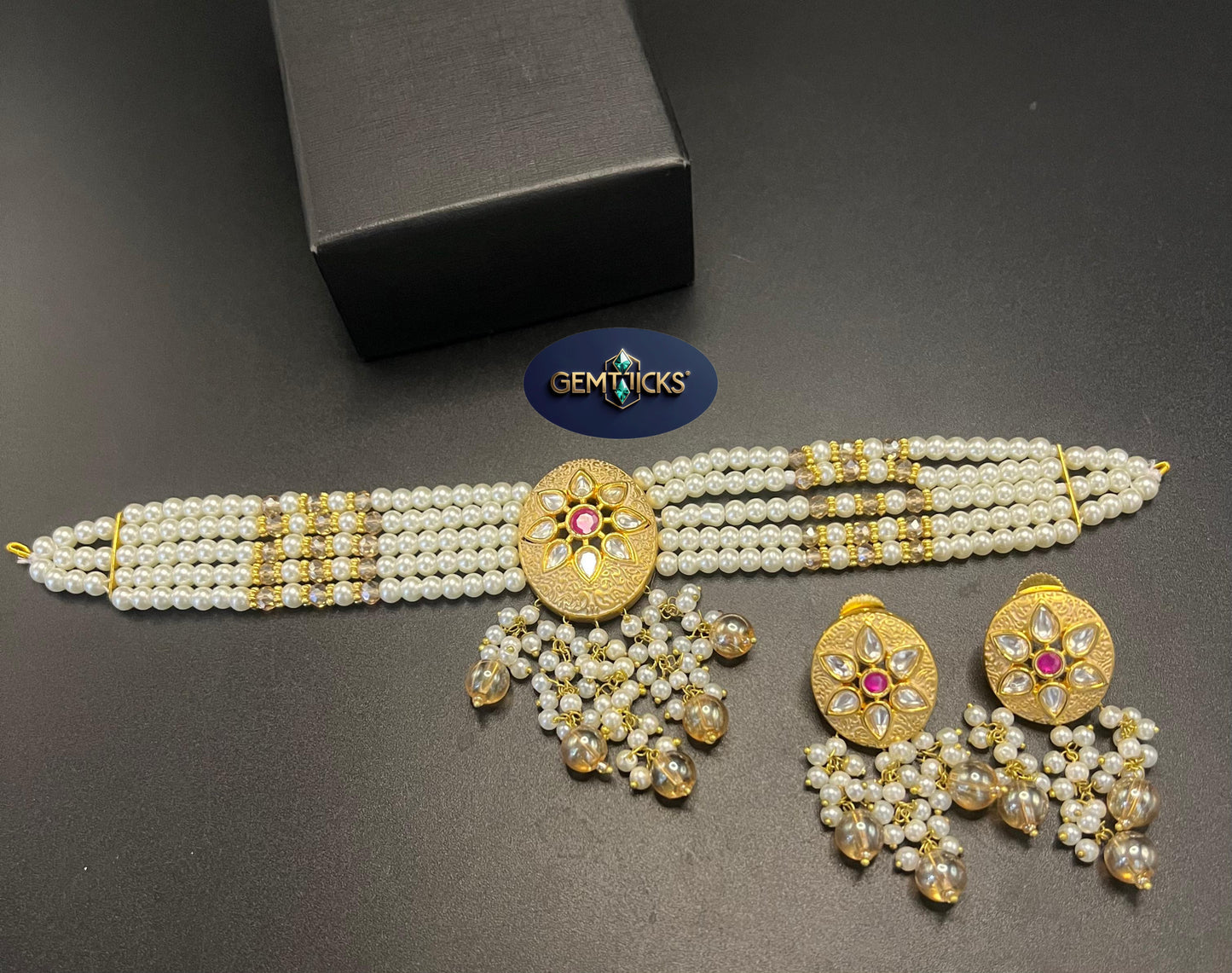 GemTicks Rajasthani Kundan Choker Set with Real Stones & Pearl Beads – 4 Colors Bridal Jewellery