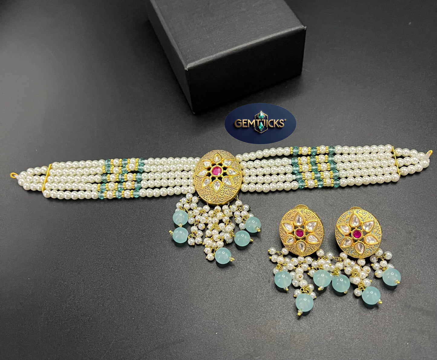 GemTicks Rajasthani Kundan Choker Set with Real Stones & Pearl Beads – 4 Colors Bridal Jewellery