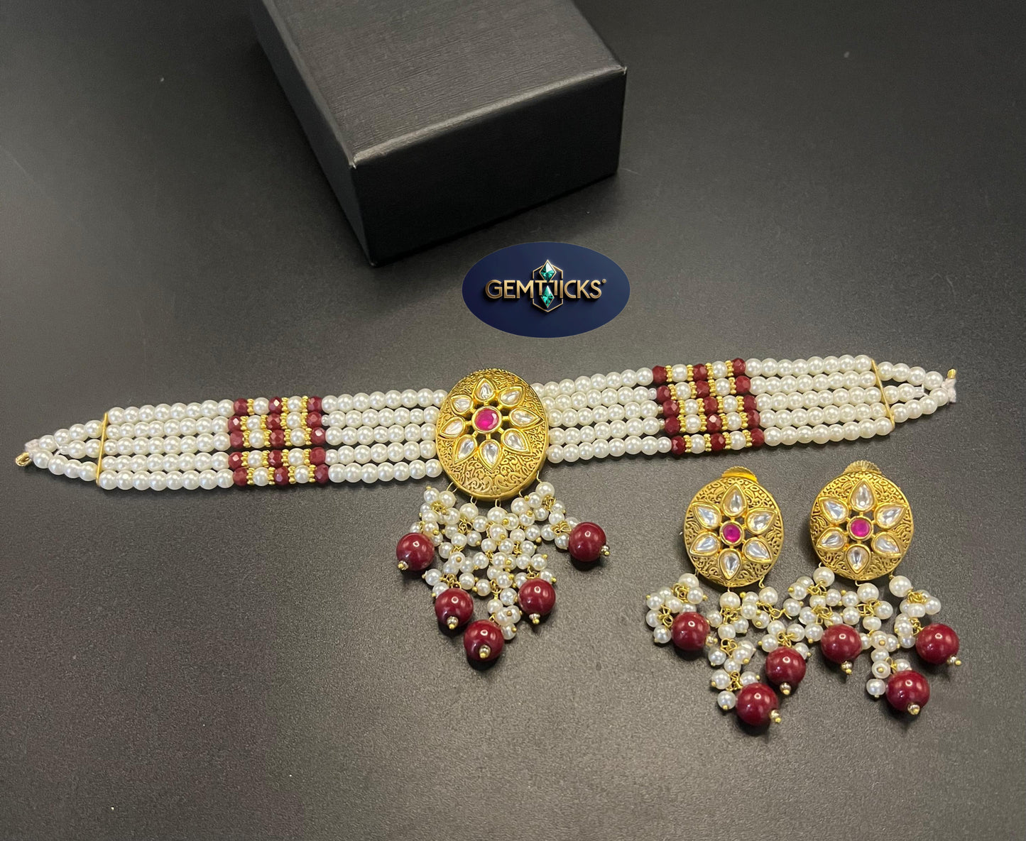GemTicks Rajasthani Kundan Choker Set with Real Stones & Pearl Beads – 4 Colors Bridal Jewellery