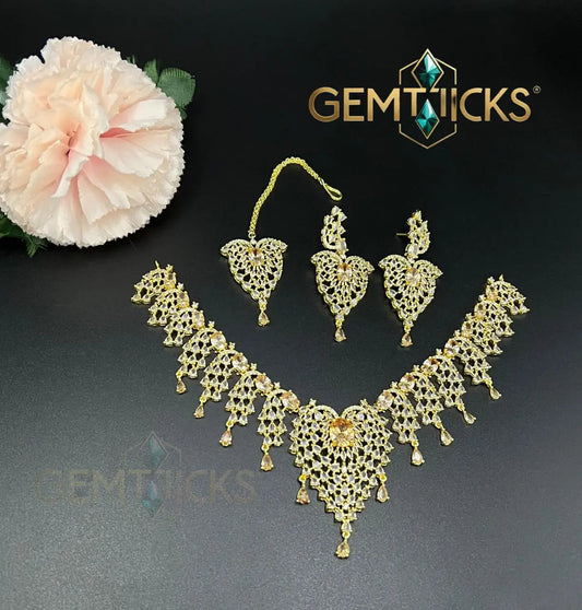 American Diamond Designer Necklace Set – Premium AD Real Stone Jewellery with Matching Earrings & Tikka (Rhodium Finish)
