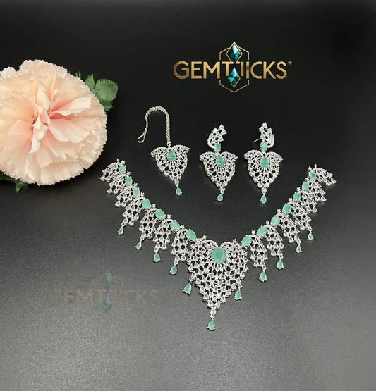 American Diamond Designer Necklace Set – Premium AD Real Stone Jewellery with Matching Earrings & Tikka (Rhodium Finish)