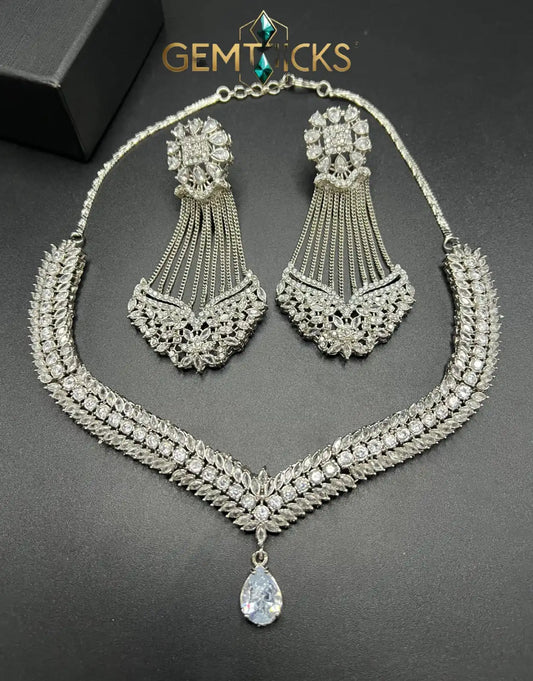American Diamond Necklace Set – Premium AD Real Stone Jewellery with Matching Earrings (High-Polish Silver Finish)