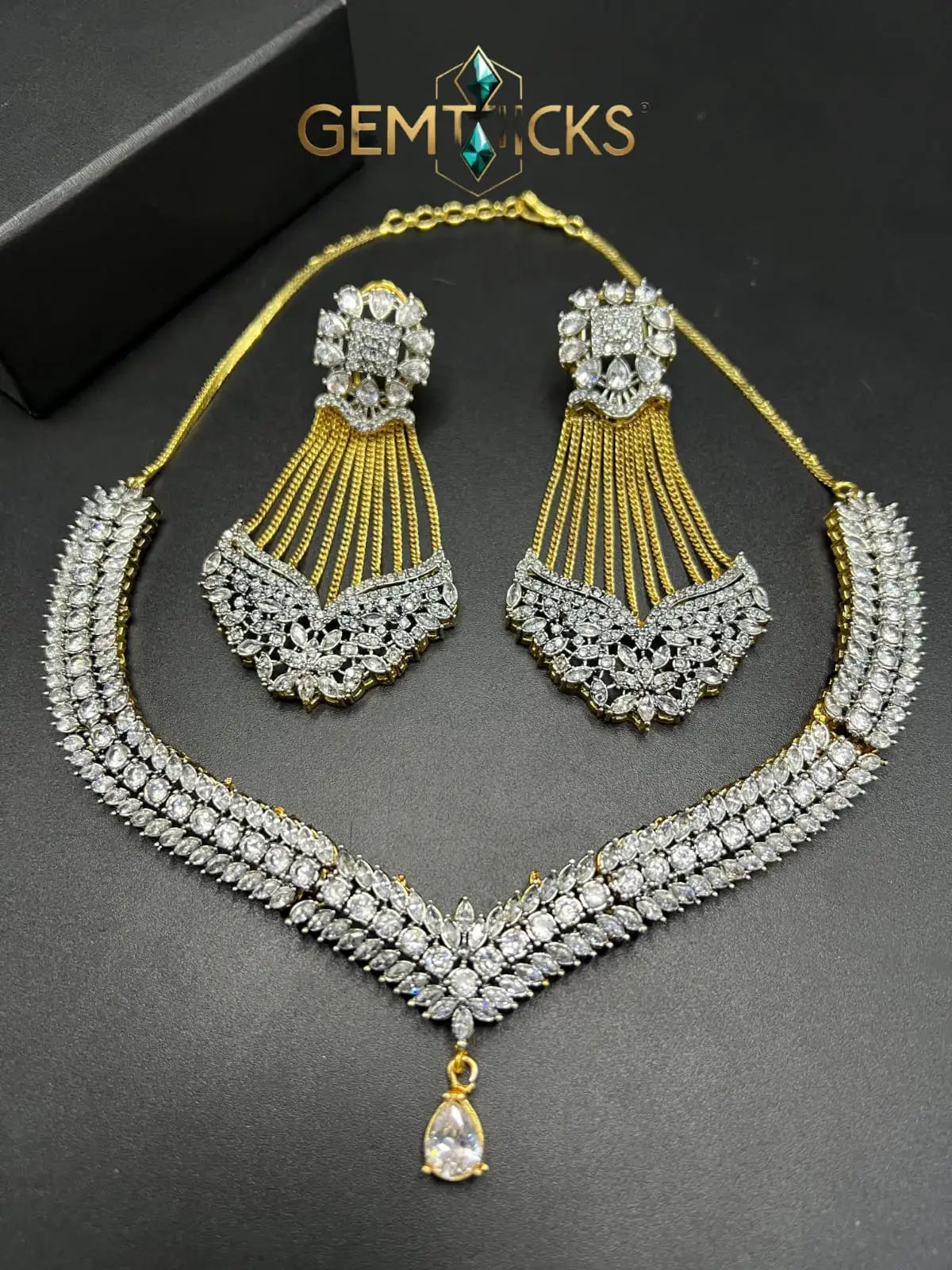 American Diamond Necklace Set – Premium AD Real Stone Jewellery with Matching Earrings (High-Polish Silver Finish)