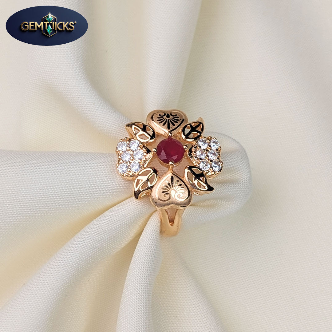 Red Stone Flower Style Golden Ring