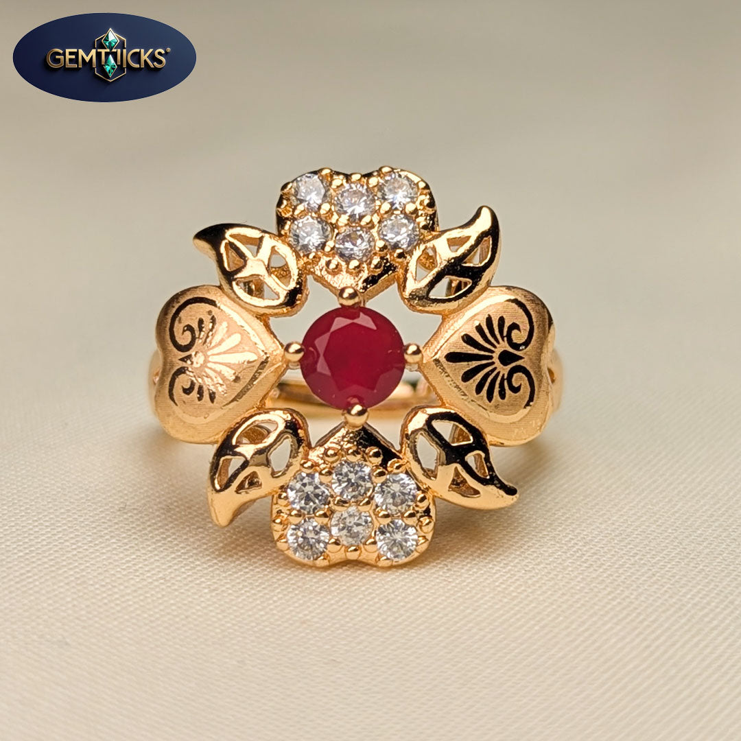 Red Stone Flower Style Golden Ring