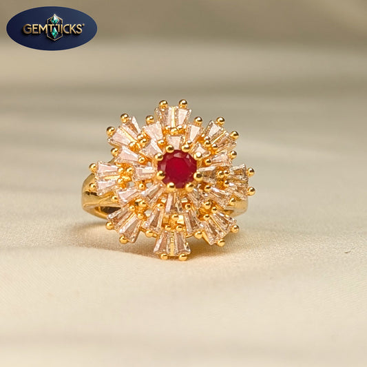 Flower Style Red Zircon Ring – Golden Finish