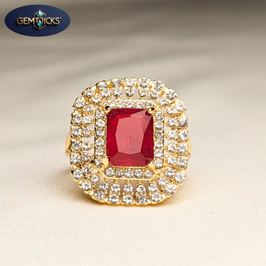 Bold Red Square Stone Ring – Double Zircon Border