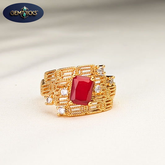 Red Stone Textured Band Ring – Golden Finish (non adjustable)