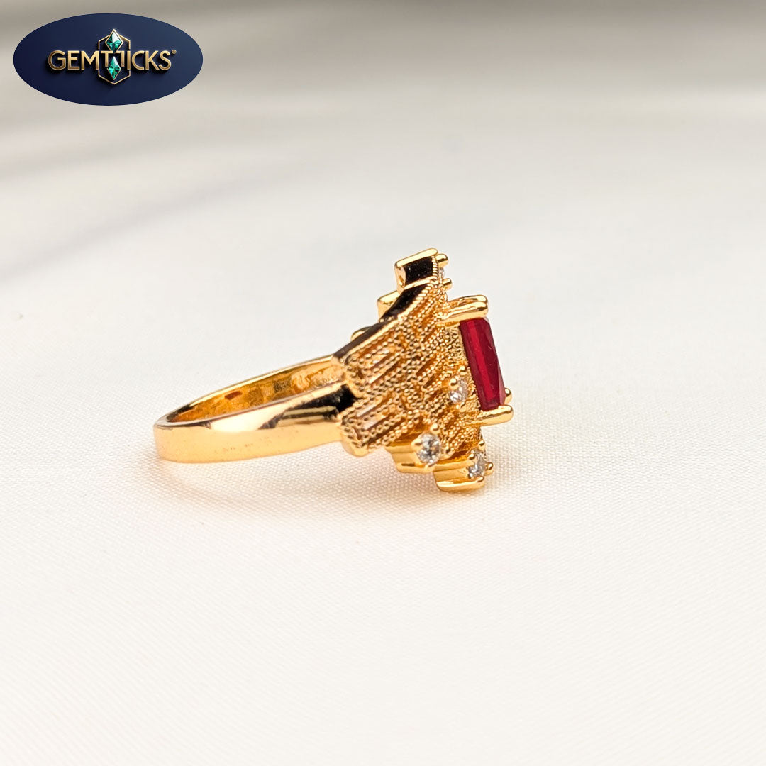 Red Stone Textured Band Ring – Golden Finish (non adjustable)