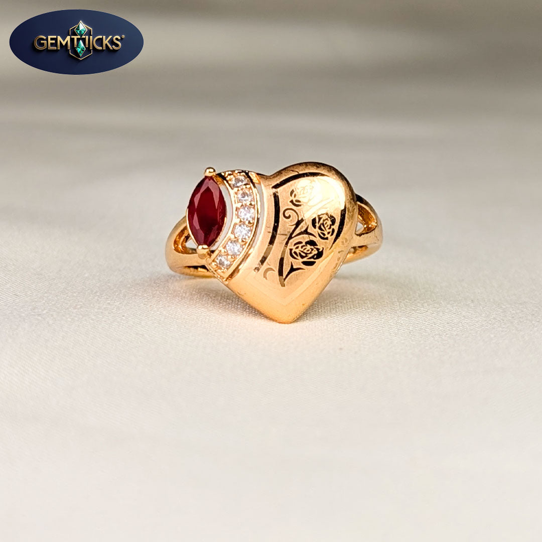 Heart Shape Red Stone Ring – Floral Engraved Design