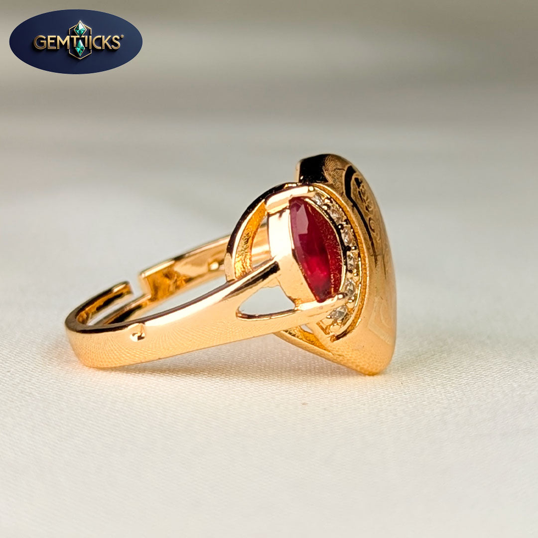 Heart Shape Red Stone Ring – Floral Engraved Design