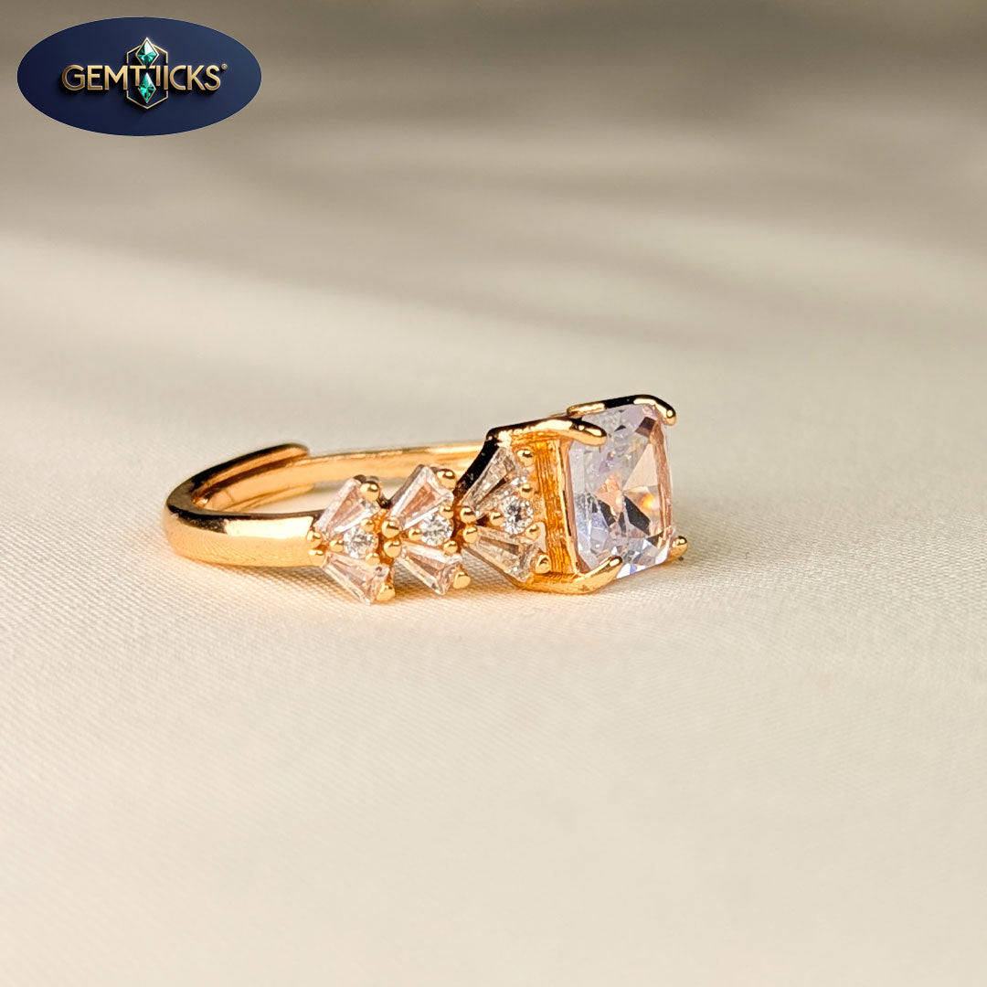 Square Cut Stone Ring – Fan Style Side Zircons
