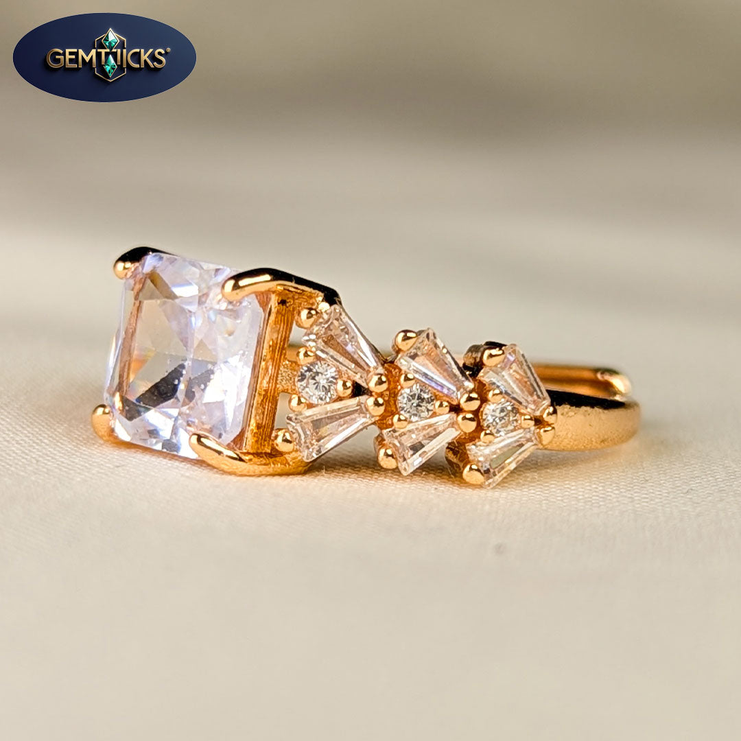 Square Cut Stone Ring – Fan Style Side Zircons