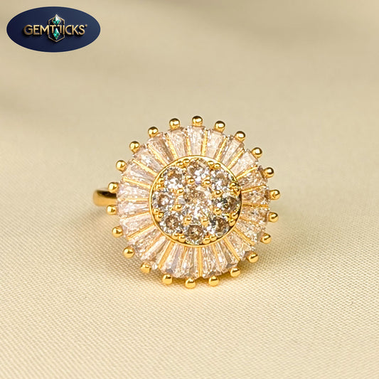 Round Burst Zircon Ring – Golden Finish (Adjustable)