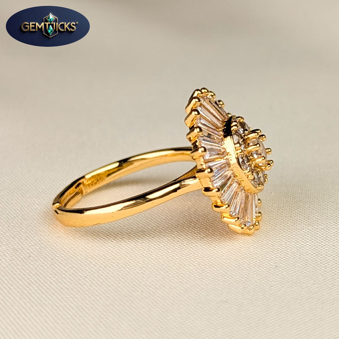 Round Burst Zircon Ring – Golden Finish (Adjustable)