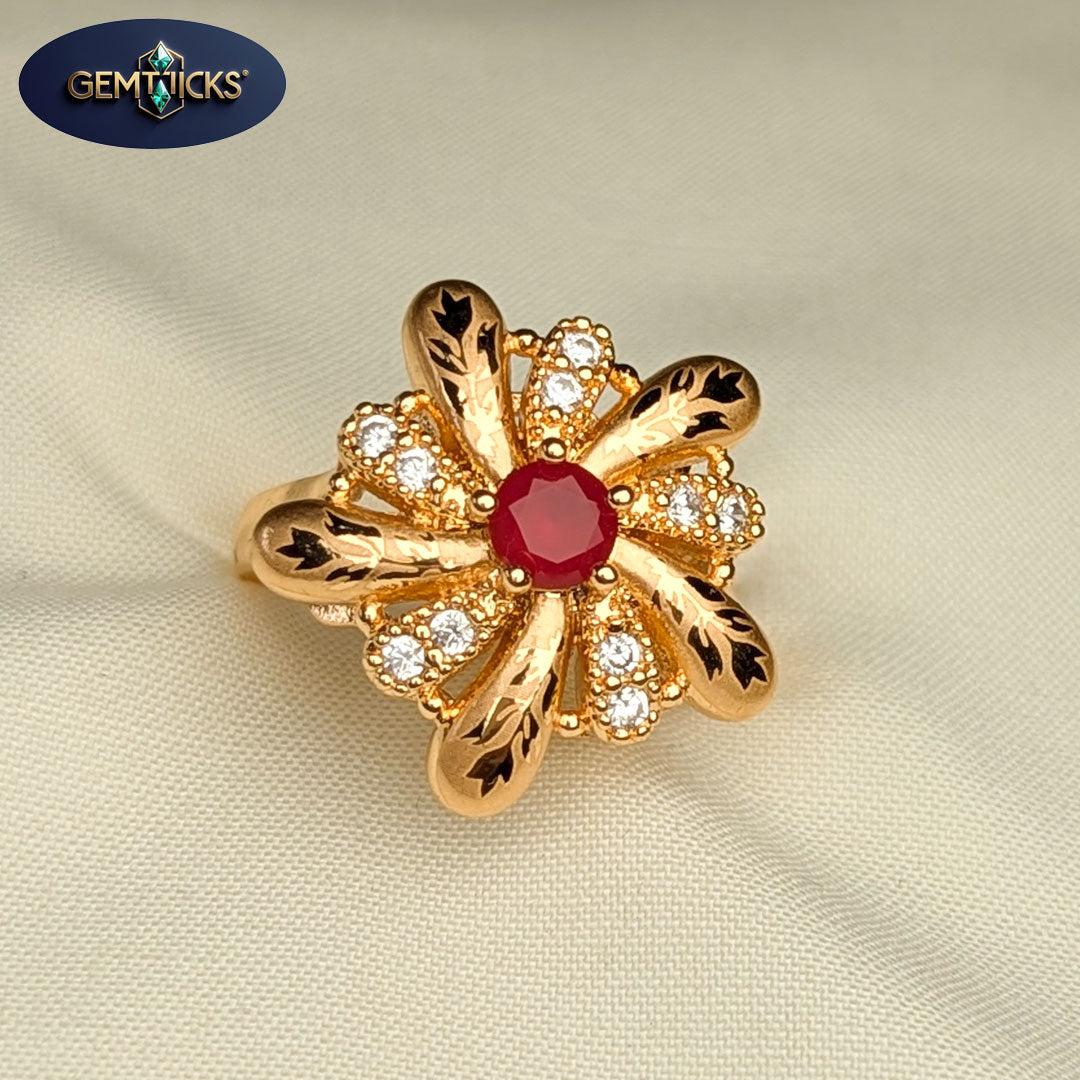 Red Stone Round Ring – Golden Adjustable Ladies Ring