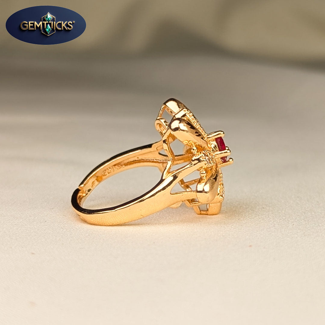 Red Stone Round Ring – Golden Adjustable Ladies Ring
